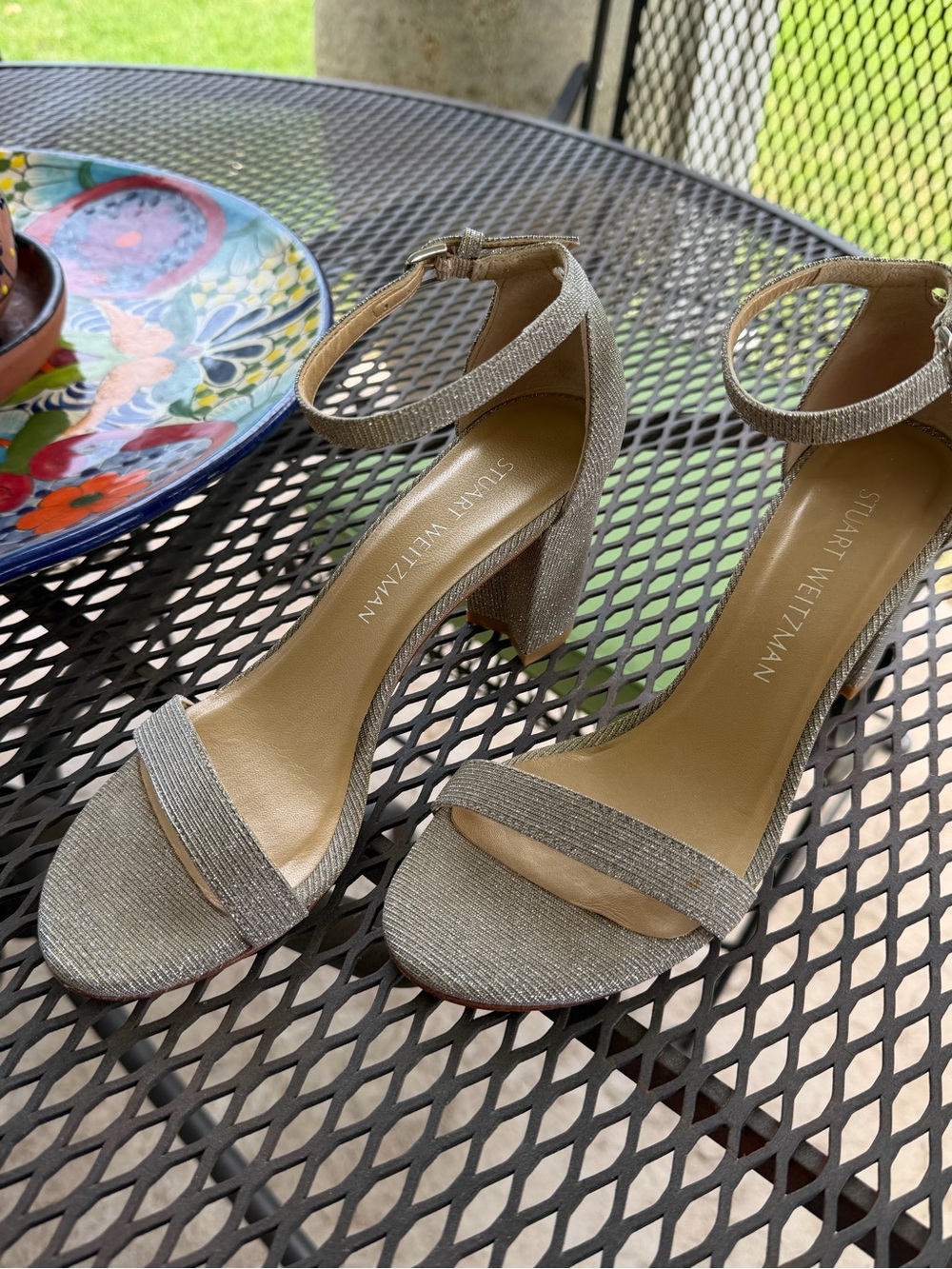 Stuart Weitzman Silver Glitter Ankle-Strap Block Heels